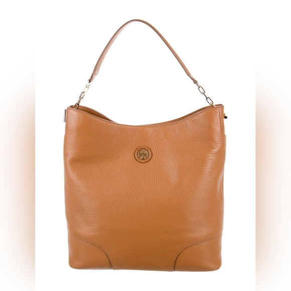 Tory Burch Chain Link Slouch Designer Tan Whipstitch Logo Hobo  Purse Handbag - Picture 1 of 10